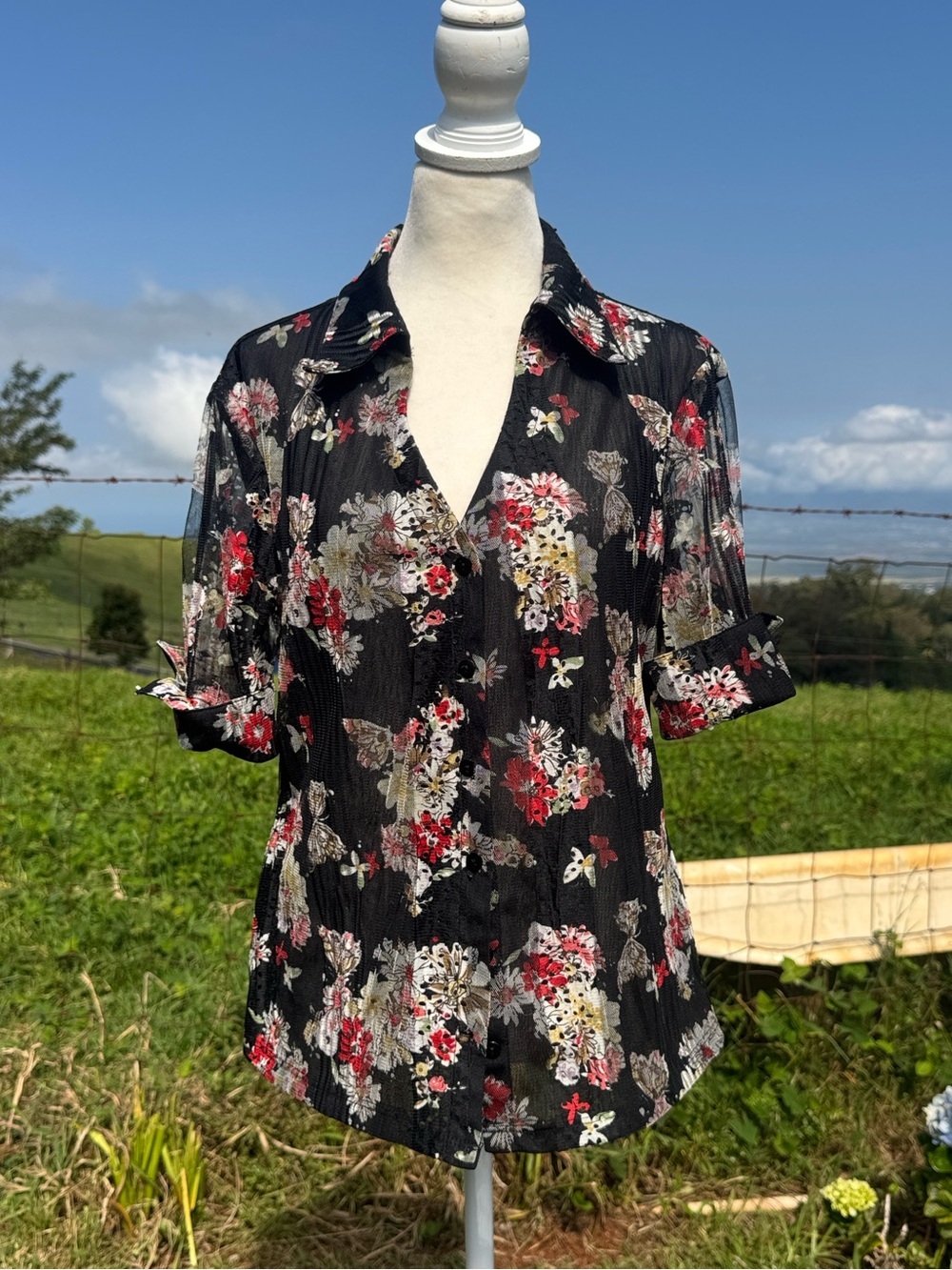 Y2K 90s Tribal Black Floral Sheer Crinkled Eyelet button up Top 12